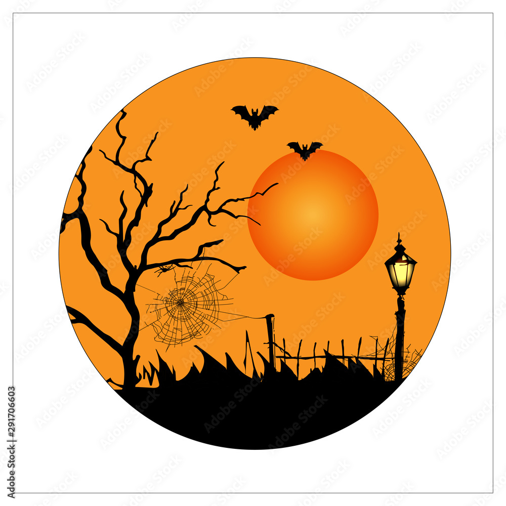 Illustration for halloween in a circle on a white background. Vector icon, logo. Black silhouettes of a tree, spider web and fence with a lantern at sunset.