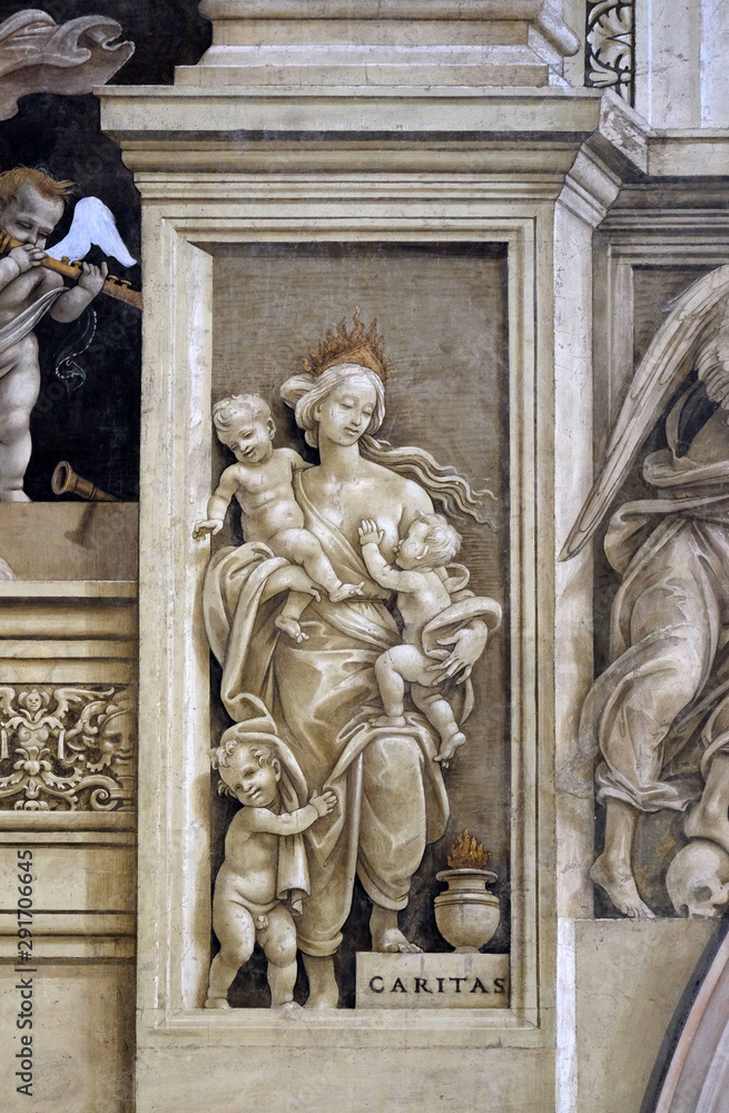 Caritas, detail of Filippino Lippi's frescoes in the Strozzi Chapel of the Santa Maria Novella Principal Dominican church in Florence, Italy