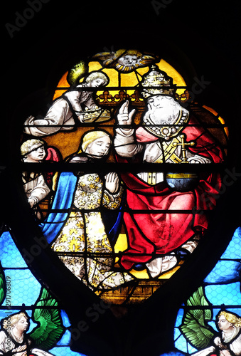 God the Father by crowning the Virgin by an angel, stained glass windows in the Saint Gervais and Saint Protais Church, Paris, France 