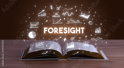 FORESIGHT inscription coming out from an open book, business concept