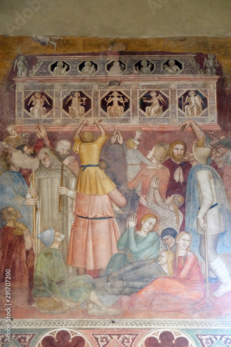 The crowd witnessing the preaching, detail from St Peter of Verona preaching, fresco by Andrea di Bonaiuto, Spanish Chapel in Santa Maria Novella Principal Dominican church in Florence, Italy