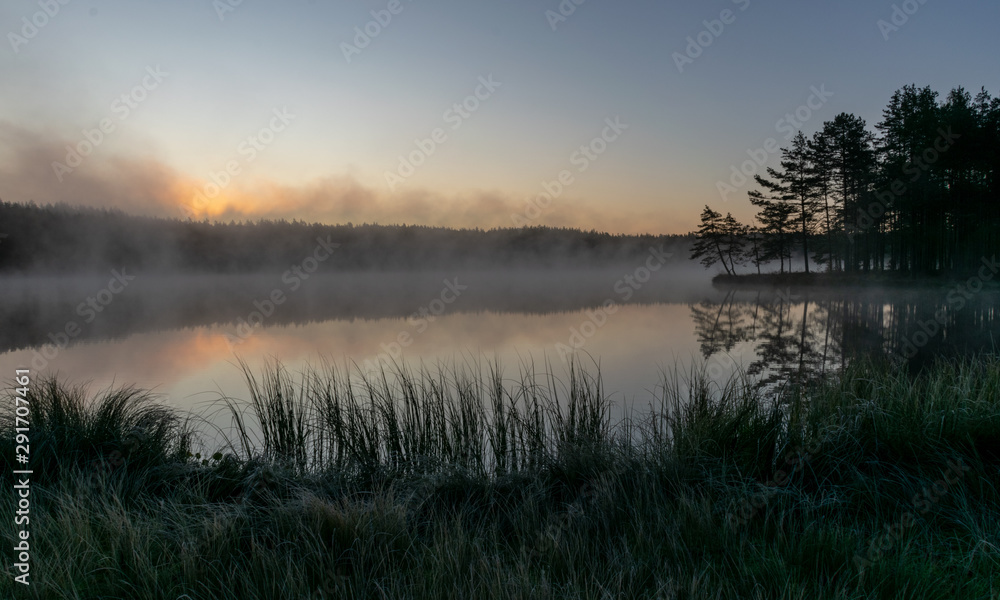 Obraz premium Scenic view from swamp , morning landscape with fog over a small forest lake and swamp at autumn morning, frost, beautiful reflections, Driskina lake, Raiskums parish, Latvia