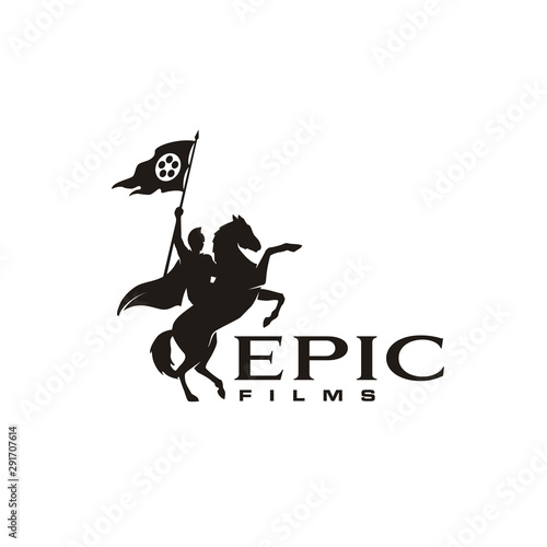 Film Reel with Horse Knight Silhouette, Medieval Warrior Horseback bring War Banner Flag for Epic Colossal Movie Cinema Production logo design