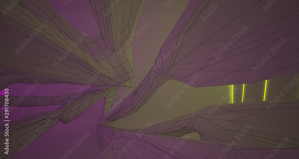 Fototapeta premium Abstract architectural drawing white interior of a minimalist house with color gradient neon lighting. 3D illustration and rendering.