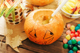 Process of preparation Halloween jack-o-lantern pumpkin.