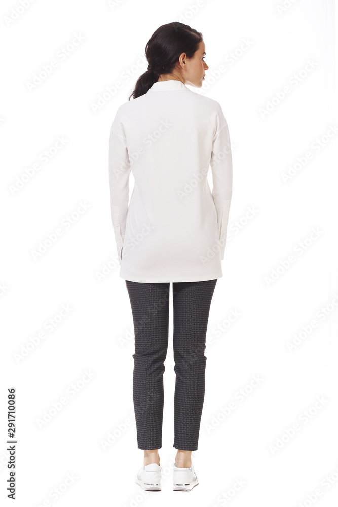 brunette indian business woman in formal official white blouse trousers trainers shoes full body photo brunette indian business woman in formal official white blouse trousers trainers shoes full body photo