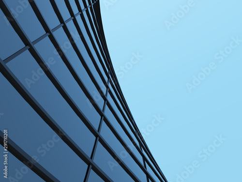 Perspektywa wieżowca i systemu okien z ciemnej stali z chmurami odbijającymi się na szkle. Koncepcja biznesowa przyszłej architektury, patrz kąt narożnika budynku. Renderowania 3d