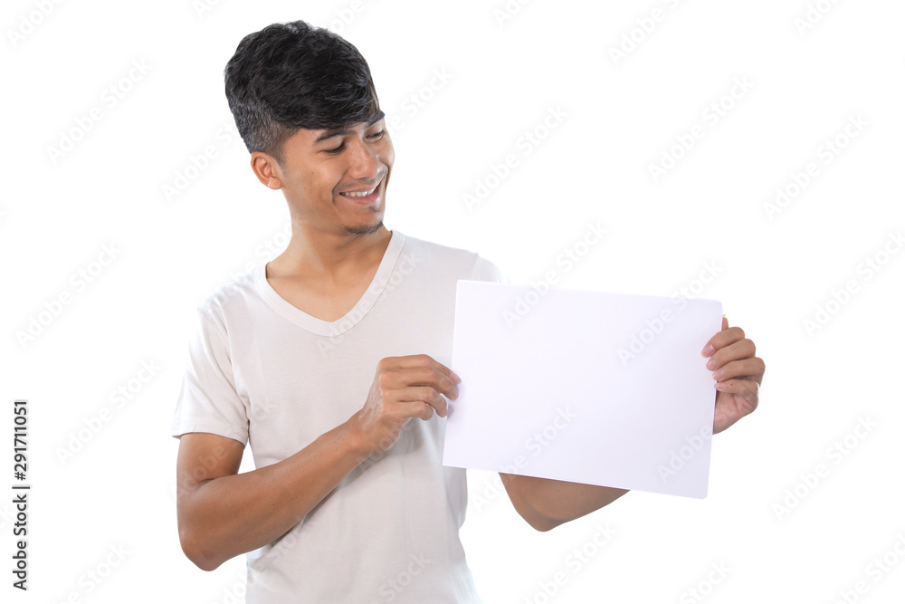 Handsome Asian man with finger point to white paper. Handsome Asian man with finger point to white paper.