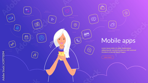Young woman using smartphone for chatting, social media networks, banking and smart mobile apps