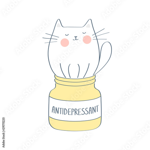 Antidepressant, cute linear funny cat sitting in a medical bottle. Medicine for the mind, to calm, the solution to all problems. Colorful vector illustration in premium outline cartoon design style.