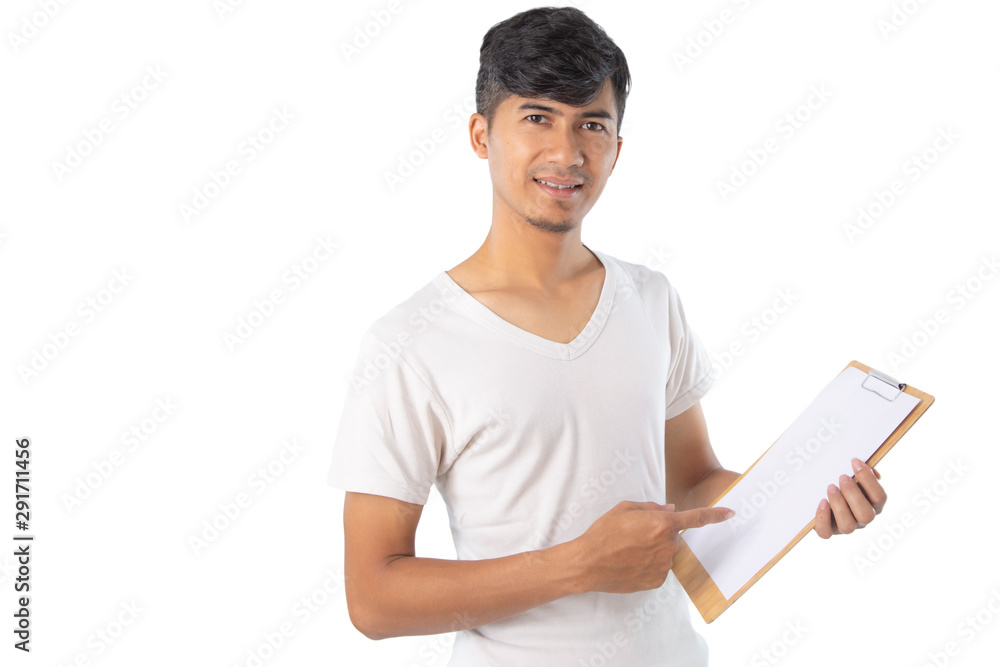 Handsome Asian man with finger point to clipboard. Handsome Asian man with finger point to clipboard.