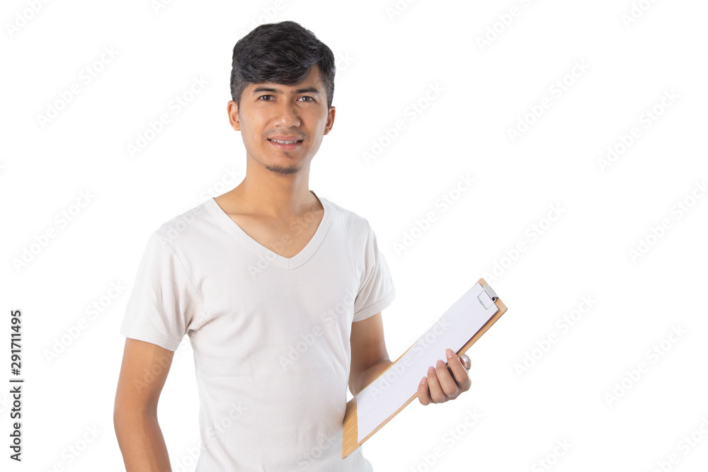 Handsome Asian man with finger point to clipboard. Handsome Asian man with finger point to clipboard.