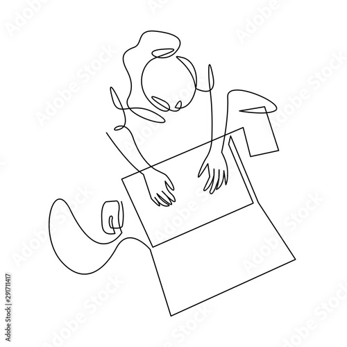 Woman using laptop top view continuous one line drawing. Female office worker, designer hand drawn character.
