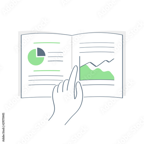 Data analysis, research, banking statistics, business data in the magazine or notebook, graph and chart, data study, analyzing financial figures on a graphs. Flat line vector illustration on white.