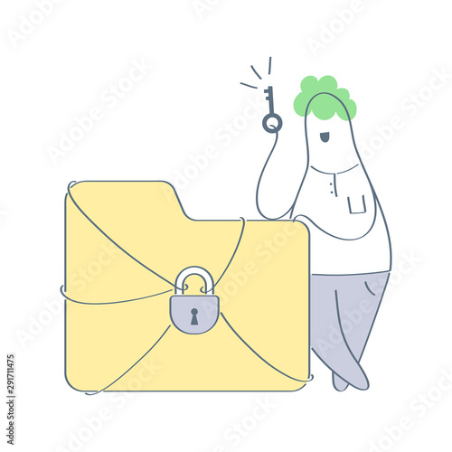 Data secure and protection. Software access data as confidential. Folder with lock and cartoon character with access key. Criminal succeeds hacking theft. Flat outline clean modern vector illustration