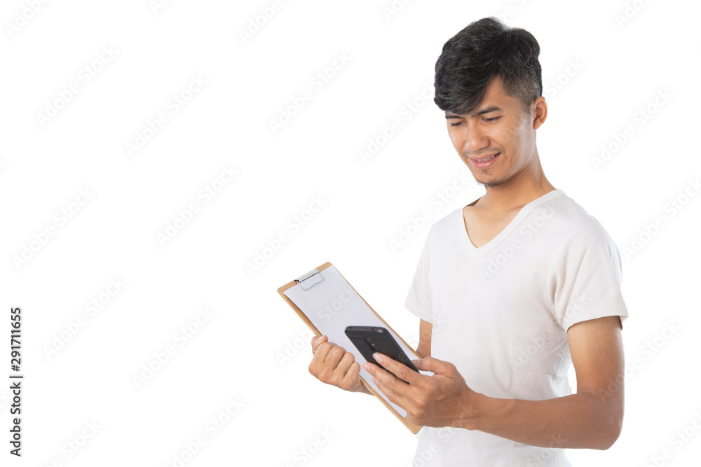 Handsome Asian man with finger point and using phone to clipboard. Handsome Asian man with finger point and using phone to clipboard.