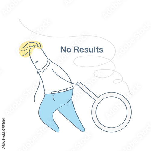 No search results, 404, page not found concept. Upset cartoon character with search magnifying glass. Flat outline vector illustration, premium quality illustration design for website.