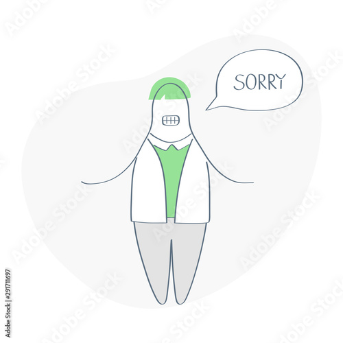 Cartoon man saying sorry for for something. Oops, page not found, 404 error or "Sorry, we're closed" concept. Flat linear clean doodle design style, vector illustration on white.