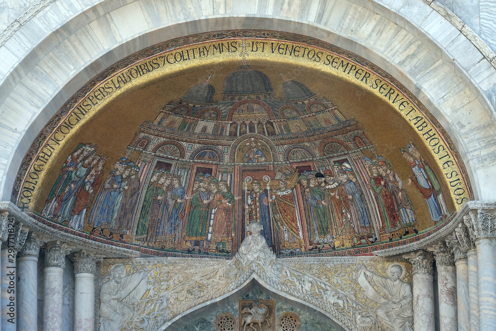 Translation of the body of Saint Mark, mosaic on the facade of St. Mark's Basilica, Venice, Italy