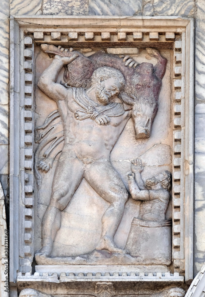 Relief depicting Hercules and the Erymanthian boar, facade detail of St. Mark's Basilica, St. Mark's Square, Venice, Italy