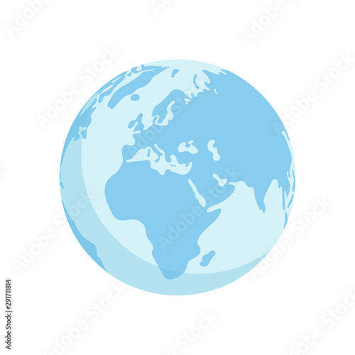 Earth centered on the African and European continent, globe earth map on white background. Flat outline vector illustration.