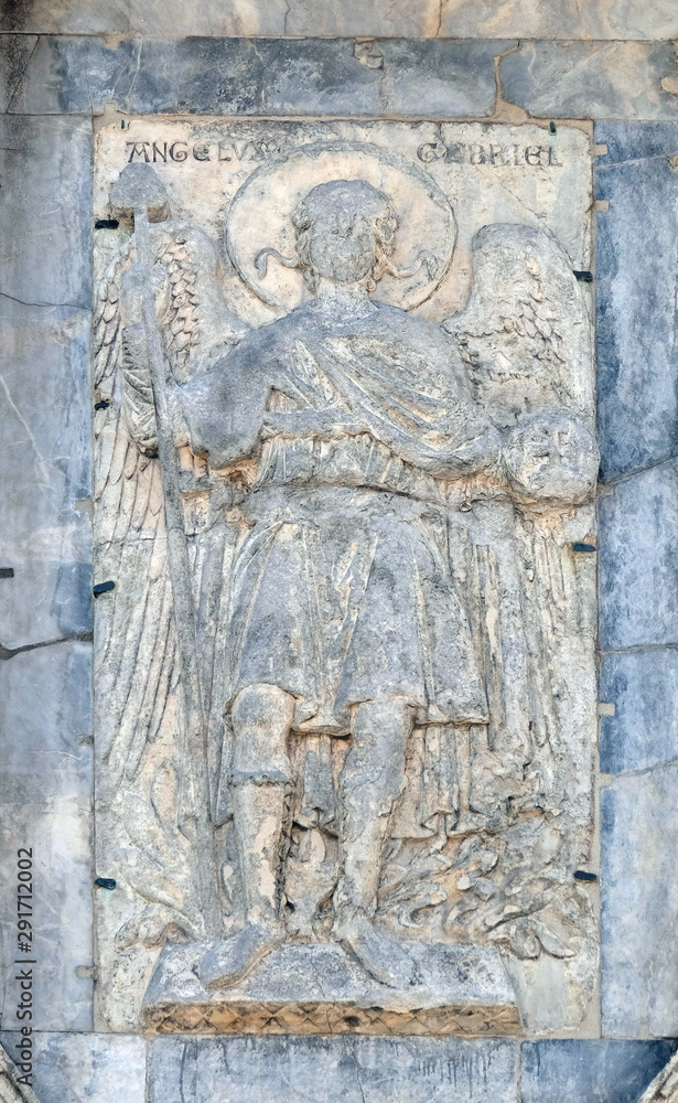 Relief depicting Archangel Gabriel, facade detail of St. Mark's Basilica, St. Mark's Square, Venice, Italy