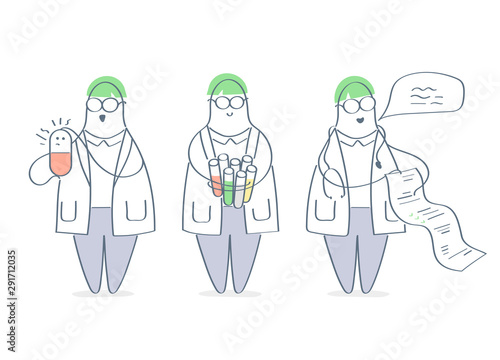 Chemist, Scientist or Doctor working in chemistry lab, holding flasks, tests, prescription drugs. Clinic or pharmaceutic laboratory research, medical examination disease. Flat outline isolated vector