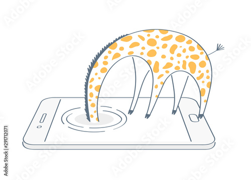 Not found 404 page, giraffe hid his head in the phone screen trying to find something. Searching, research, web surfing, search for an answer to a question icon concept. Flat line isolated vector.