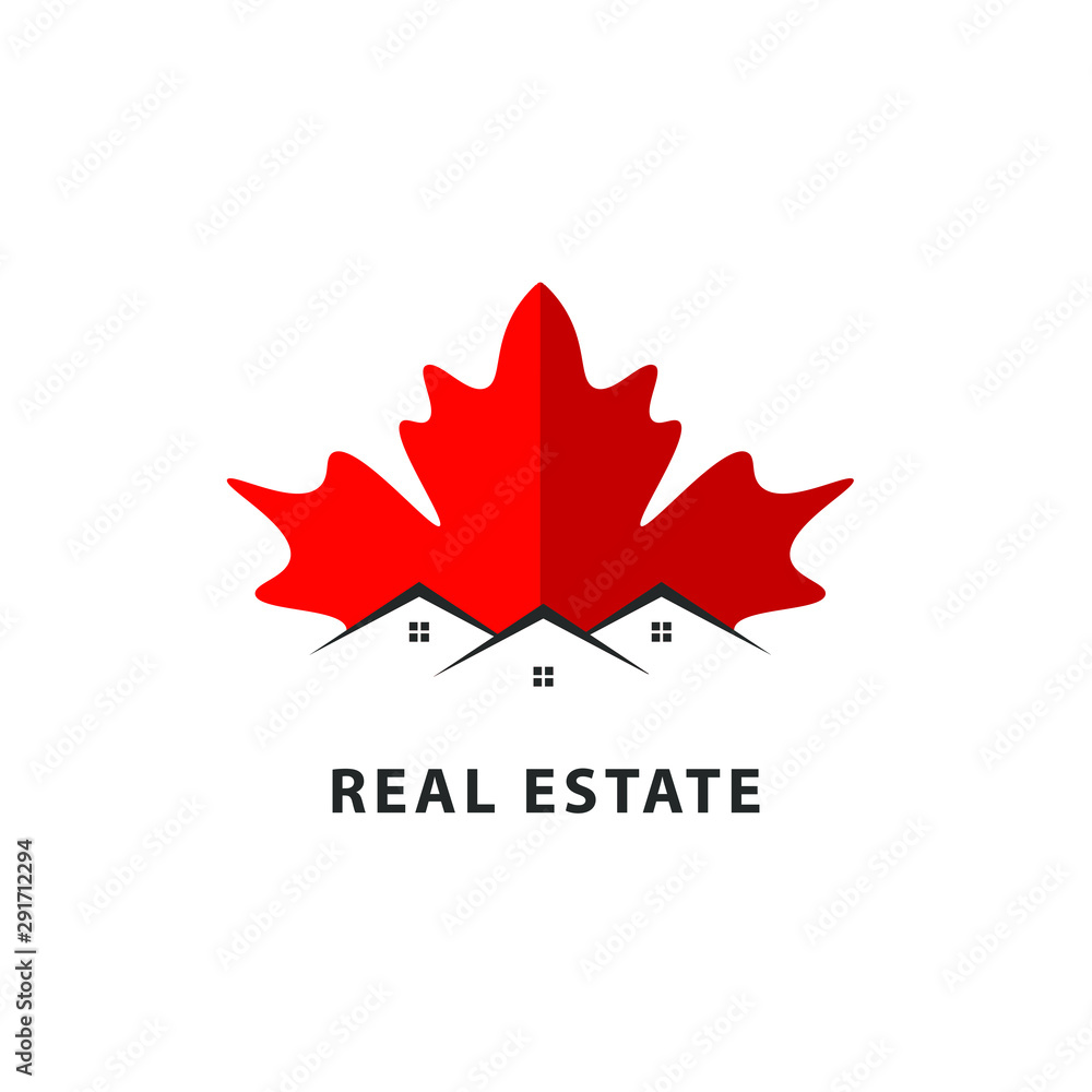 Red maple leaf real estate logo isolated. House vector image Stock