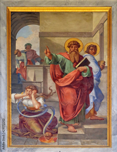 The fresco with the image of the life of St. Paul: The Exorcism of the Slave Girl, basilica of Saint Paul Outside the Walls, Rome, Italy 