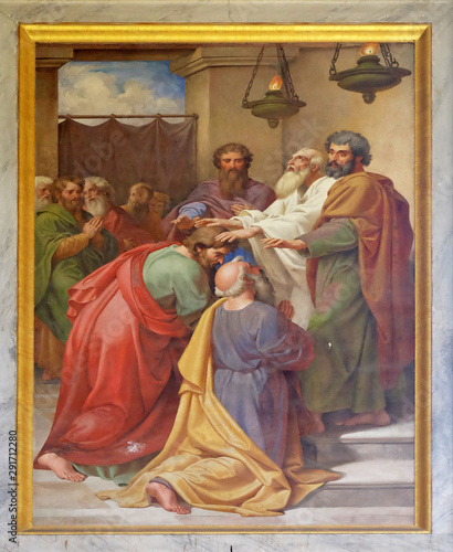 The fresco with the image of the life of St. Paul: Saul and Barnabas laying on of hands, basilica of Saint Paul Outside the Walls, Rome, Italy 