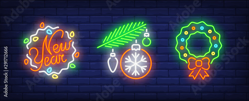 Christmas symbol  collection in neon style