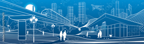 Outline industry city illustration panorama. Evening town urban scene. People walking at garden. Train rides. Night shop. Power Plant in mountains. White lines on blue background. Vector design art