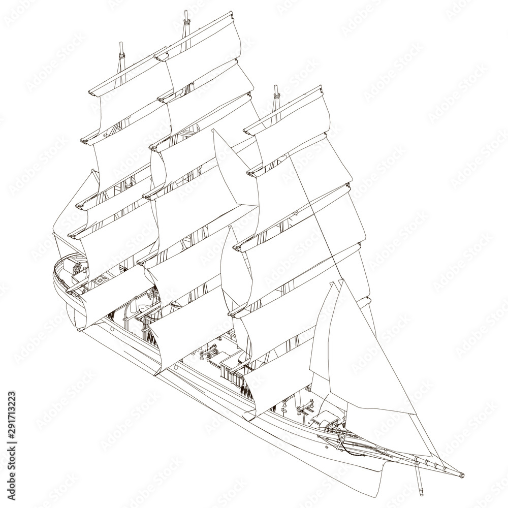 Obraz premium Contour of a sailing ship made of black lines Isolated on a white background. View isometric. 3D. Vector illustration.