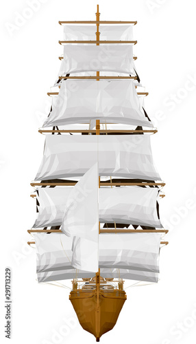 Polygonal sailing ship with white sails and brown stern. Front view. 3D. Vector illustration.