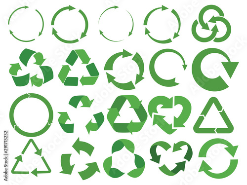 Set of recycling signs with arrows. Collection of green eco symbols. Vector illustration of recovery icons. Recycling emblem.