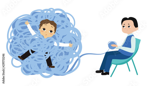 A man tangled in problems visited a psychologist. Solving psychological problems with a psychologist. Psychotherapy results vector concept. Psychotherapy and psychiatrist, counseling psychiatry.