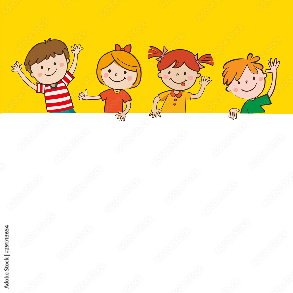 Cartoon Happy Children In Yellow Background Holding Blank Banner. Happy Kids  And Banner Vector Illustration. Smiling Boys And Girls With Empty Poster.  Stock Vector | Adobe Stock