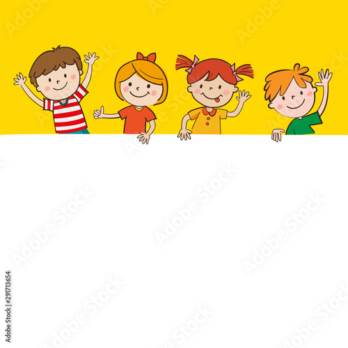 Cartoon Happy Children In Yellow Background Holding Blank Banner. Happy Kids And Banner Vector Illustration. Smiling Boys And Girls With Empty Poster.