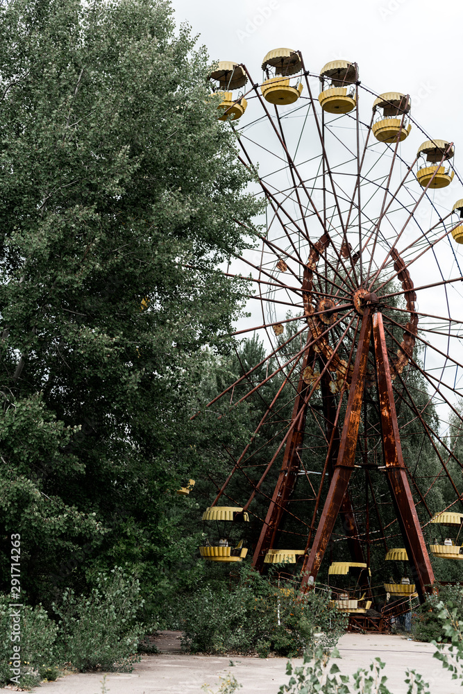 abandoned and rusty ferris wheel in green amusement park with trees