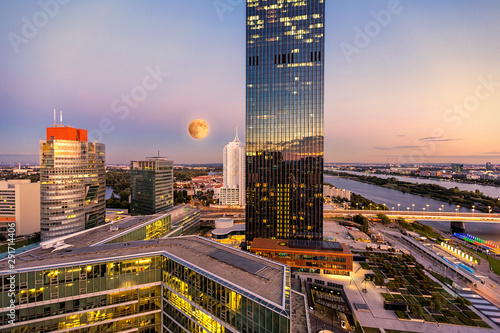 Photography Danube City in Vienna with amazing skyline with the DC Tower at the Danube River