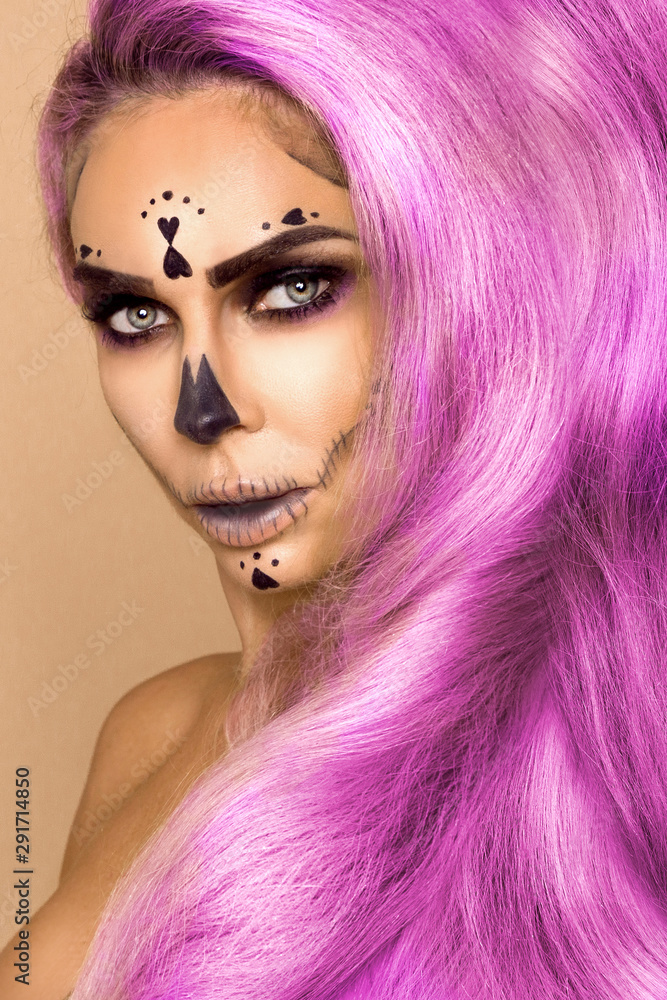 Halloween Sexy Witch portrait. Beautiful young woman in witches makeup with  long curly colorful hair and bright lips. Wide Halloween party art design -  Image Stock Photo | Adobe Stock