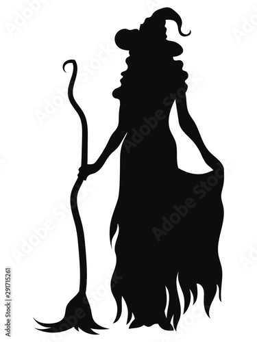 Witch standing with a broom. Black silhouette of a witch for Halloween. Vector illustration of a mystical creature for children. Tattoo.