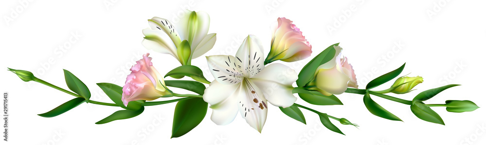 White flowers. Floral background. Green leaves. Eustoma. Lilies.