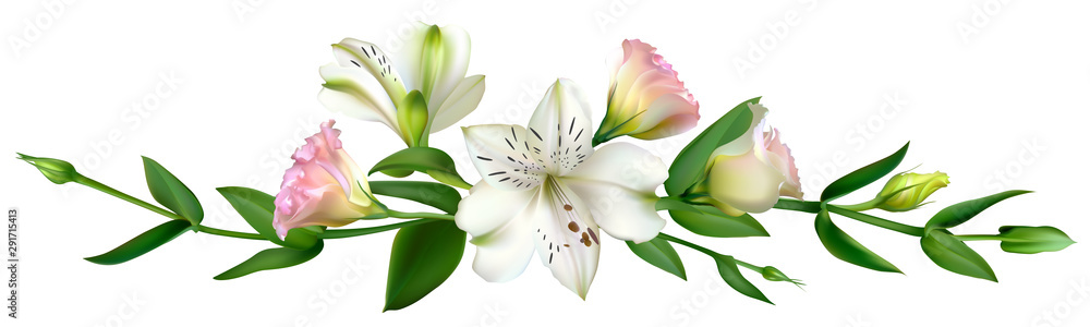 White flowers. Floral background. Green leaves. Eustoma. Lilies. White flowers. Floral background. Green leaves. Eustoma. Lilies.