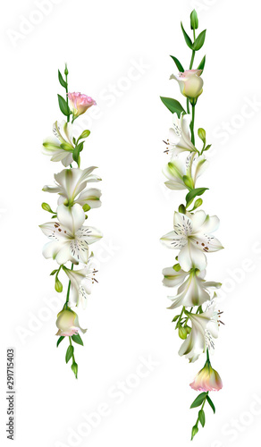 White flowers. Floral background. Green leaves. Eustoma. Lilies.