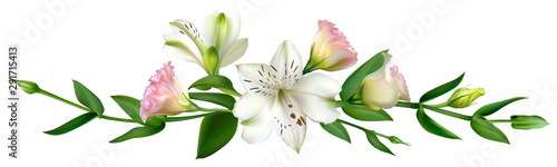 White flowers. Floral background. Green leaves. Eustoma. Lilies.