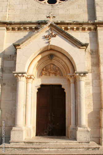 Entrance portal of the Church of Blessed Virgin of Purification in Smokvica  Korcula island  Croatia