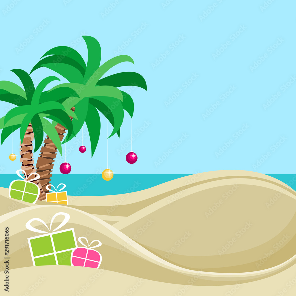 Tropical Christmas at the beach. Sand, palm trees and colorful gift boxes.