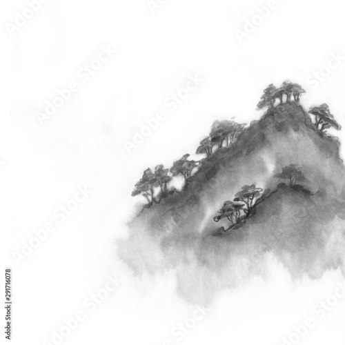Fototapeta Naklejka Na Ścianę i Meble -  Background with mountains. Ink mountain. Black and white image. Ink Chinese mountain landscape. Mountains in the fog. Trees on the mountain. Ink image. Pines. Hill, mountain, peak
